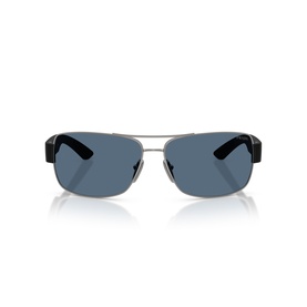 Prada Linea Rossa sunglasses in grey, rectangular metal frame with blue lenses and black temple tips