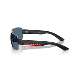 Prada Linea Rossa grey sunglasses with black frames, blue-tinted lenses, and red logo detail on temple arms, angled rear view