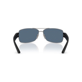Prada Linea Rossa sunglasses in grey, rear view showing silver metal frame, blue tinted lenses and black temples.