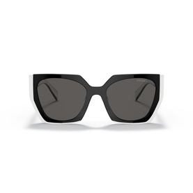 Black oversized square-frame sunglasses with dark grey lenses and angular temples, front-facing product view