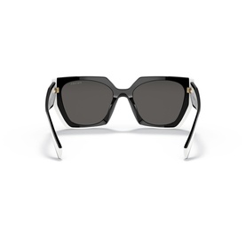Black oversized square sunglasses, rear view showing gold-tone temple hardware and dark grey lenses