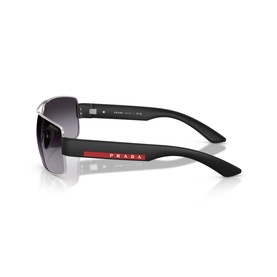 Prada Linea Rossa wraparound sunglasses in black with gradient grey lenses and red logo detail on temples