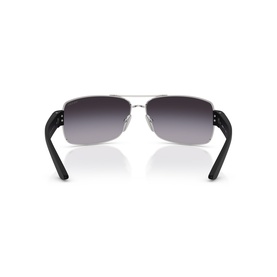 Silver-tone rimless sunglasses with black temples and gradient grey lenses, shown from rear angle