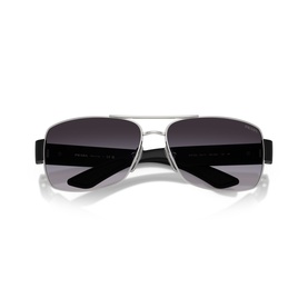 Aviator sunglasses with silver metal frame, black temples, and dark grey gradient lenses, front view on white background