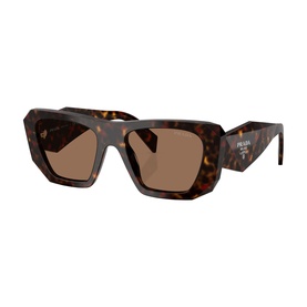 Prada sunglasses in brown tortoiseshell acetate with angular geometric frames and brown lenses, Prada logo on temple