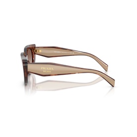 Prada sunglasses in brown, shown from the side revealing transparent brown frames with gold-tone Prada Milano branding on the temple arm.