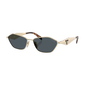 Prada geometric sunglasses with pale gold metal frames, tortoiseshell temples, and dark blue-grey lenses