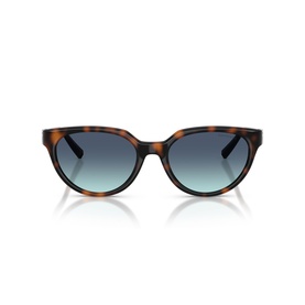 Tortoiseshell cat-eye sunglasses with blue gradient lenses and brown acetate frame, front-facing view