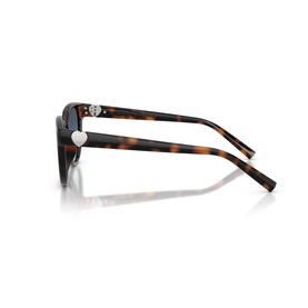 Tortoiseshell cat-eye sunglasses, side profile view, dark lenses, silver heart detail on temple, brown acetate arms