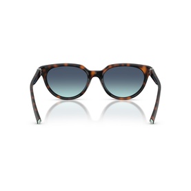 Tortoiseshell cat-eye sunglasses, rear view showing brown-patterned frame and gradient teal lenses with slim temples.