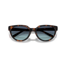 Tortoiseshell cat-eye sunglasses with gradient blue-green lenses, shown front-facing on white background