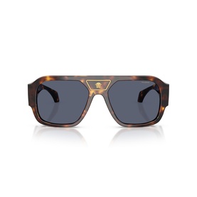 Versace aviator-style sunglasses in tortoiseshell with gold Medusa detail and dark blue lenses, front view