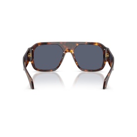 Tortoiseshell square-frame sunglasses with dark blue lenses, shown from the rear angle highlighting gold-toned hinges