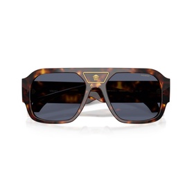 Tortoiseshell oversized square sunglasses with dark grey lenses and gold-tone bridge detail, folded front-facing view