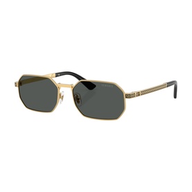 Gold-tone metal geometric frame sunglasses with dark grey lenses, textured temple arms and black tips