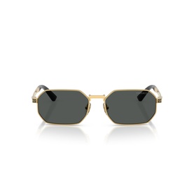 Octagonal gold-tone metal frame sunglasses with dark grey lenses and tortoiseshell temple tips, front-facing view