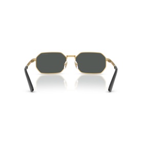 Ray-Ban octagonal sunglasses, gold metal frame with dark grey lenses, shown from rear angle revealing temple arms with black tips