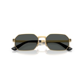 Gold-tone metal geometric octagonal frame sunglasses with dark grey lenses and black temple tips, front-facing view