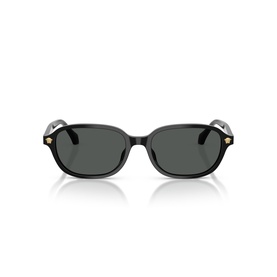Black oval-frame sunglasses with dark grey lenses and gold-tone Medusa stud detailing on temples