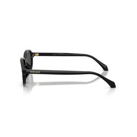 Versace black sunglasses, side profile view showing slim temple arm with gold Versace logo branding and dark tinted lens