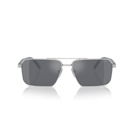 Silver navigator-frame sunglasses with double bridge, slim temples, and dark mirrored lenses, front view