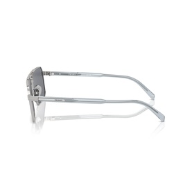 Clear frame sunglasses with silver metal bridge and grey tinted lenses, shown from side angle