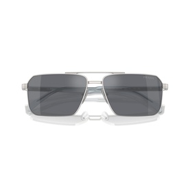 Silver rectangular navigator sunglasses with double bridge, slim metal temples, and dark grey lenses