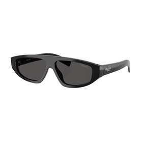 Prada sunglasses in black with angular wraparound frames, thick temples with logo detail, and dark grey lenses