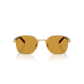 Prada gold-tone geometric metal sunglasses with amber lenses and tortoiseshell temple tips, front view