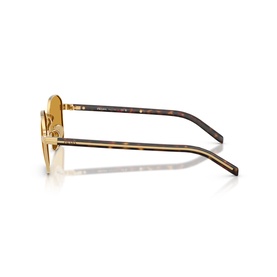 Prada sunglasses in gold with tortoiseshell acetate temples, shown from the side to highlight frame and arm detail.