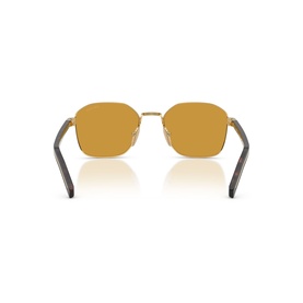 Prada gold sunglasses, rear view showing amber lenses, gold metal frame and dark grey temples
