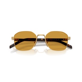 Prada gold-tone geometric sunglasses with amber lenses and tortoiseshell temple tips, folded front view