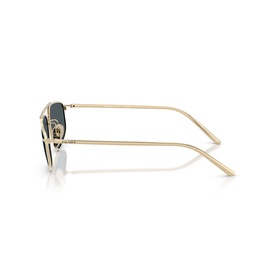 Prada gold metal frame sunglasses with blue-tinted lenses, shown from the side angle highlighting slim temples and bridge detail.