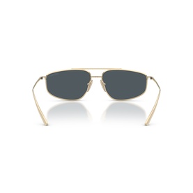 Prada gold metal frame sunglasses with blue-grey lenses, shown from rear angle highlighting double bridge and slim temples
