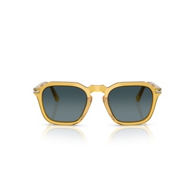 Persol sunglasses in beige transparent square frames with teal-blue gradient lenses and gold-tone hardware, front view