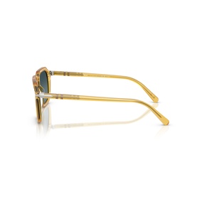 Persol beige sunglasses, side profile view showing translucent honey frames and green-tinted lenses with slim temple arms.