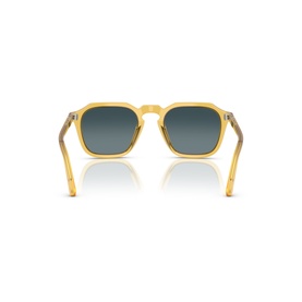 Persol sunglasses in beige, square frame shown from rear angle with gradient blue-grey lenses and transparent temples