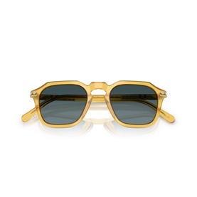 Persol sunglasses in beige transparent frames with square lenses and dark blue-grey tinted lenses, folded flat
