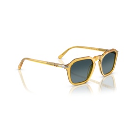 Persol sunglasses in beige transparent acetate with square frames and dark teal lenses, shown at an angle