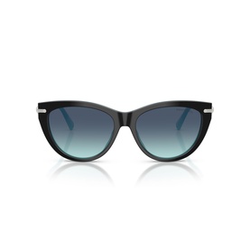 Tiffany & Co black cat-eye sunglasses with silver temple detail and gradient blue-teal lenses, front-facing view