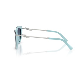 Tiffany & Co sunglasses in black with pale blue temples, silver hinges with logo detailing, shown from side profile angle.