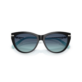 Tiffany & Co black cat-eye sunglasses with Tiffany Blue inner frame detail and gradient blue lenses, silver-tone corner accents