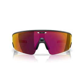 Wraparound shield sunglasses with black frame and pink-red mirrored single lens, front-facing view