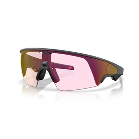 Oakley shield-style sunglasses with matte black frames, pink-tinted lens and gold inner rim detail