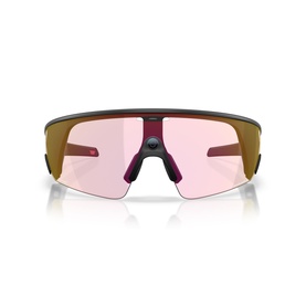 Oakley wraparound sport sunglasses in matte black with shield-style pink-tinted lens, front-facing view