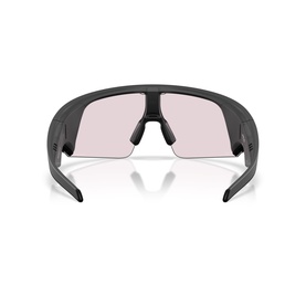 Oakley sunglasses rear view showing matte black wrap frame, single shield lens in pale rose tint, and rubber temple tips