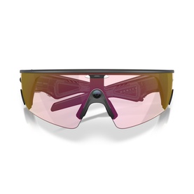 Oakley shield-style sports sunglasses with dark grey frame and pink-tinted mirrored lenses, front-facing view