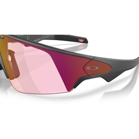 Oakley sport wraparound sunglasses with dark grey frame and large pink-tinted Prizm lens, side logo detail visible