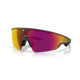 Oakley wraparound shield sunglasses in matte black with purple and red Prizm iridescent lens, rubber nose pads