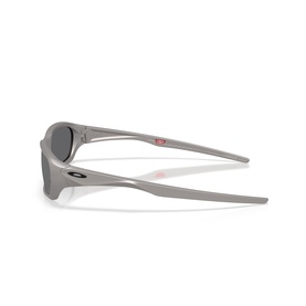 Oakley wrap-style sunglasses in matte grey with black lenses, shown from rear three-quarter angle highlighting temple and hinge detail